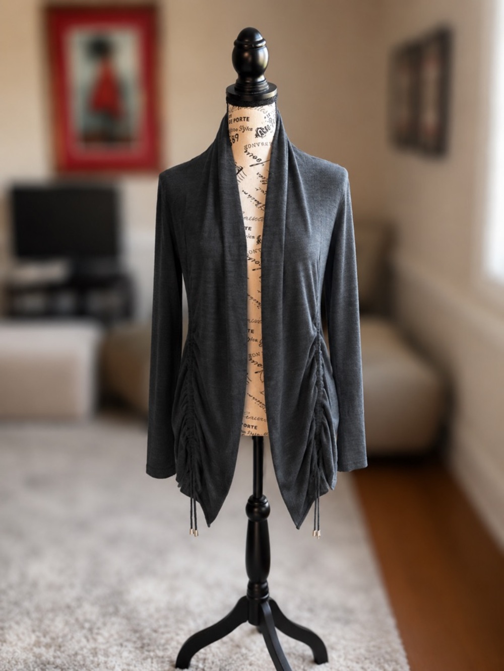Dkny Dark Gray Open Front Ruched Cardigan